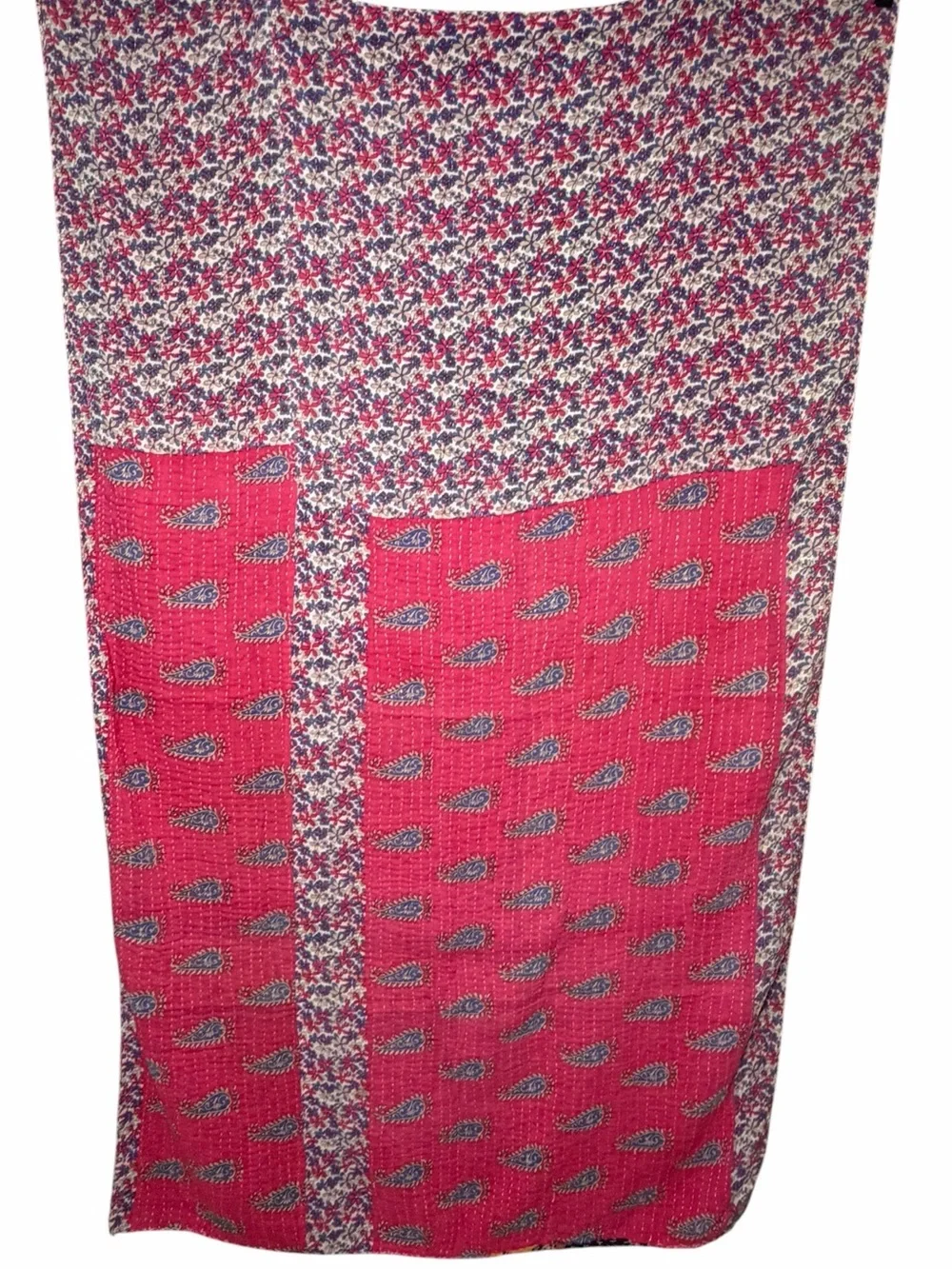 Vintage Handmade Printed Kantha Quilt India Sari Throw Blanket Twin 52x80